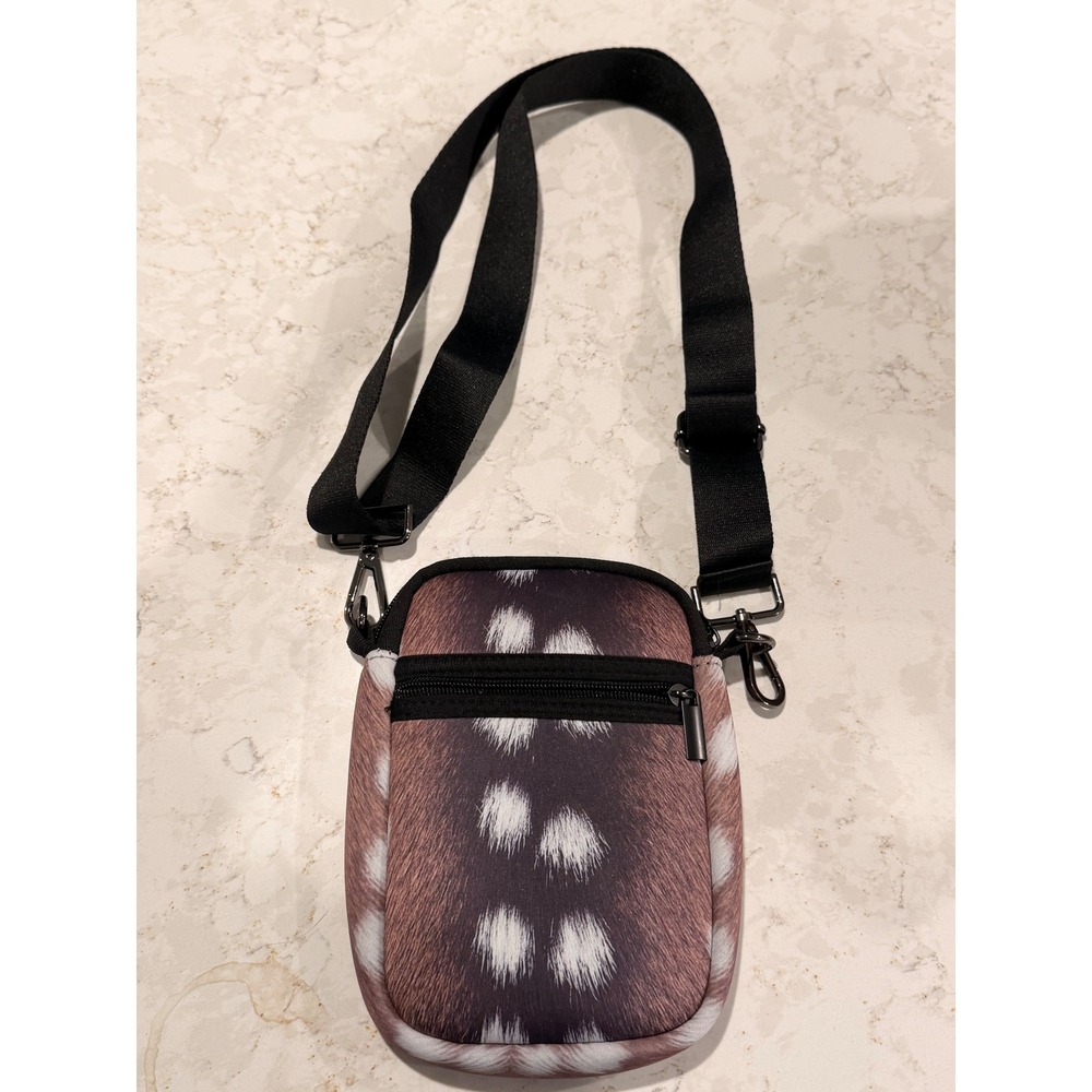 Parker & Hyde Neoprene Crossbody Bag Deer Fawn Animal Print Brown Messenger